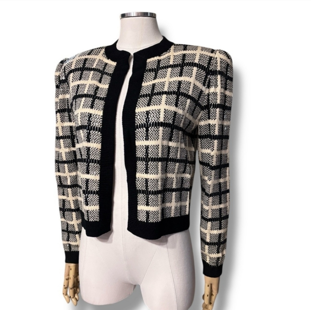 ST JOHN Plaid Knit Collarless Evening Jacket Sequin Detail VINTAGE